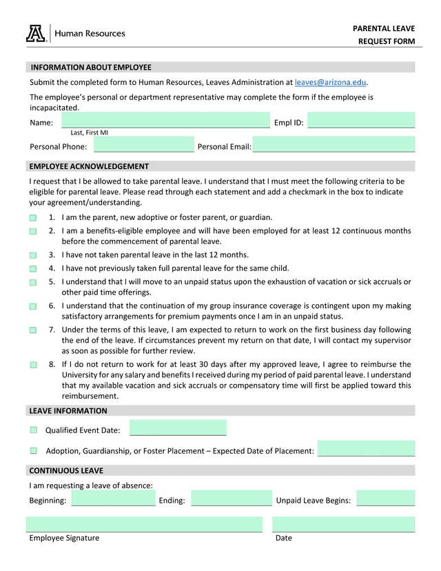 PARENTAL LEAVE REQUEST FORM screenshot