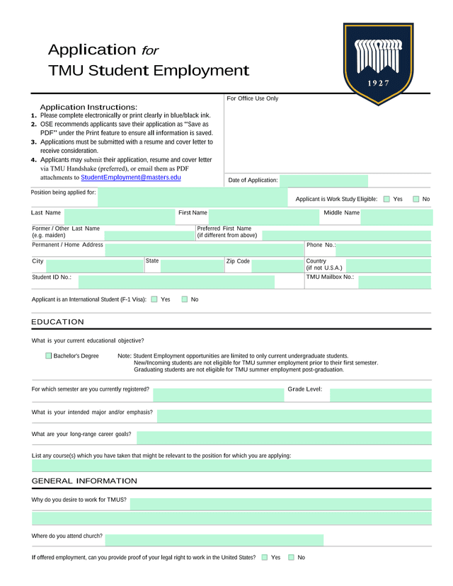 TMU Student Employment Application screenshot