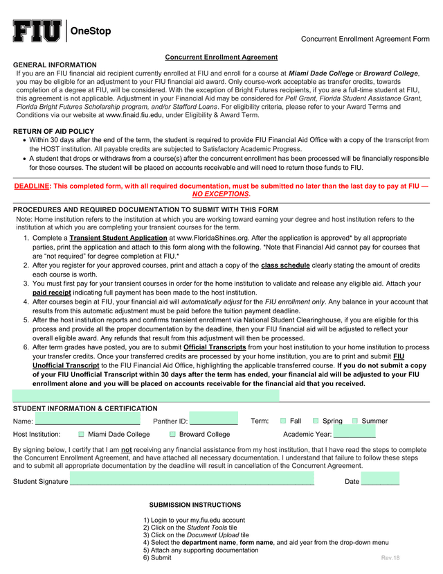 Concurrent Enrollment Agreement Form screenshot