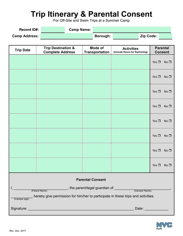 Trip Itinerary  Parental Consent For Off Site And Swim Trips At A Summer Camp screenshot