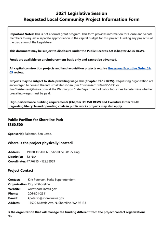 2021 Legislative Session Requested Local Community Project Information Form screenshot