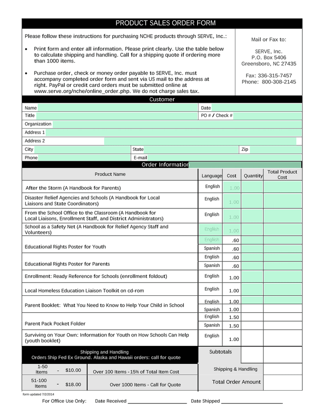 PRODUCT SALES ORDER FORM screenshot