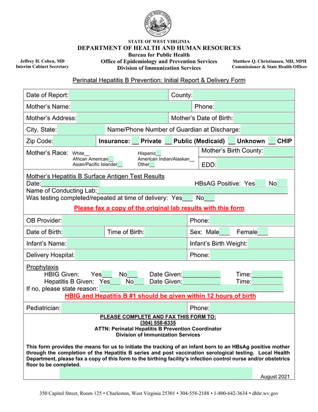 Perinatal Hepatitis B Prevention Initial Report  Delivery Form screenshot