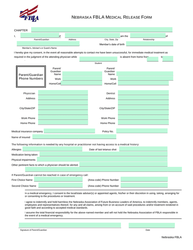 Nebraska FBLA Medical Release Form screenshot