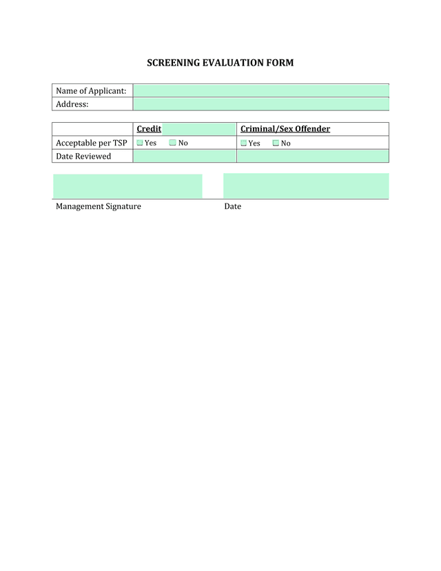 SCREENING EVALUATION FORM screenshot