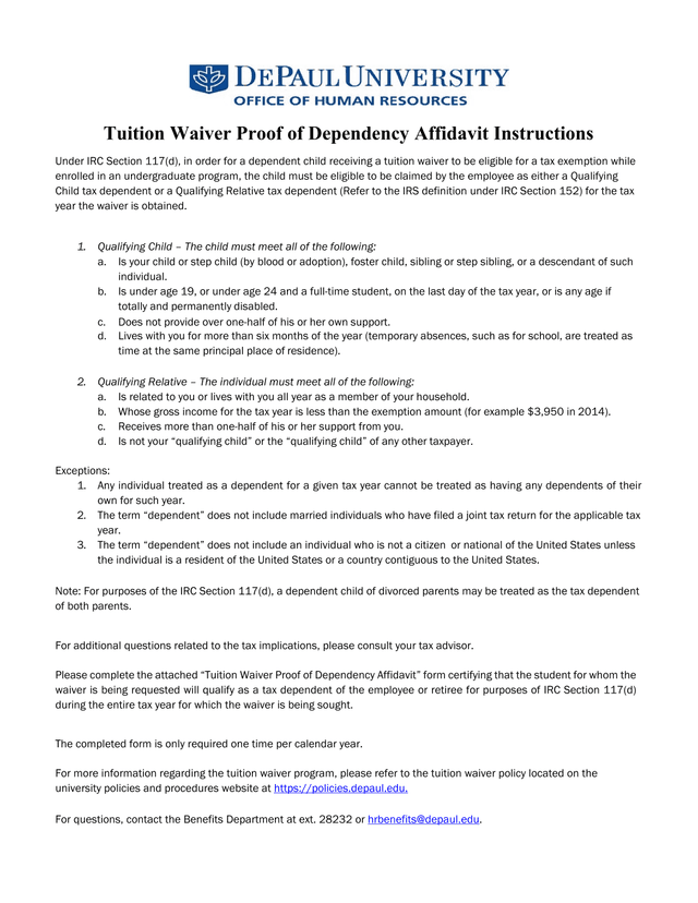 Tuition Waiver Proof Of Dependency Affidavit Instructions screenshot