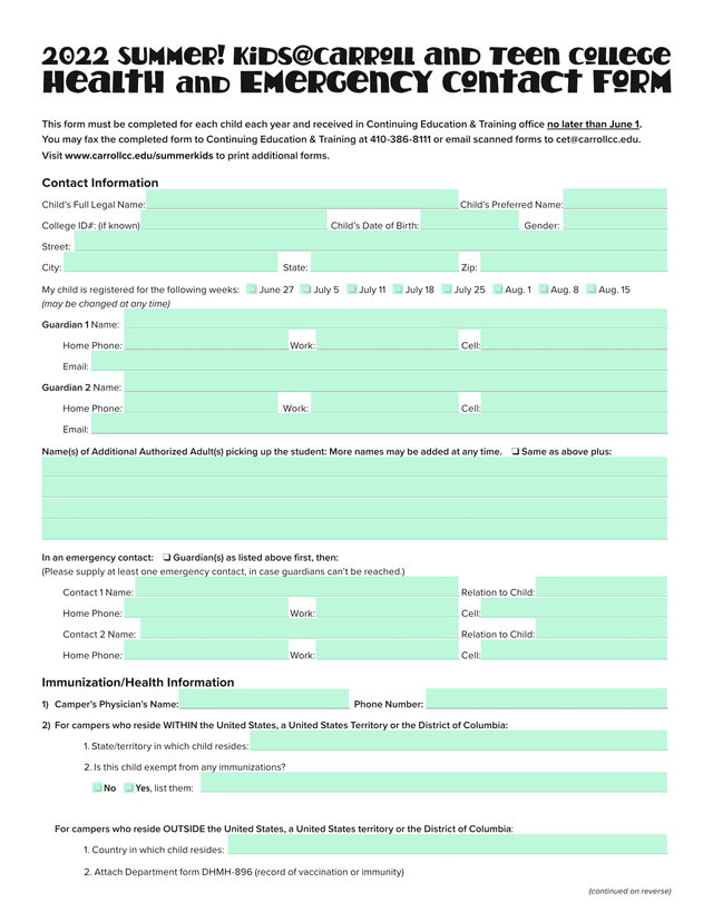 Health And Emergency Contact Form screenshot