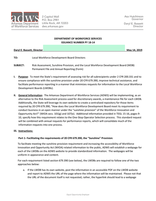 Risk Assessment, Sunshine Provision, And The Local Workforce Development Board (WDB) Permanent File  screenshot