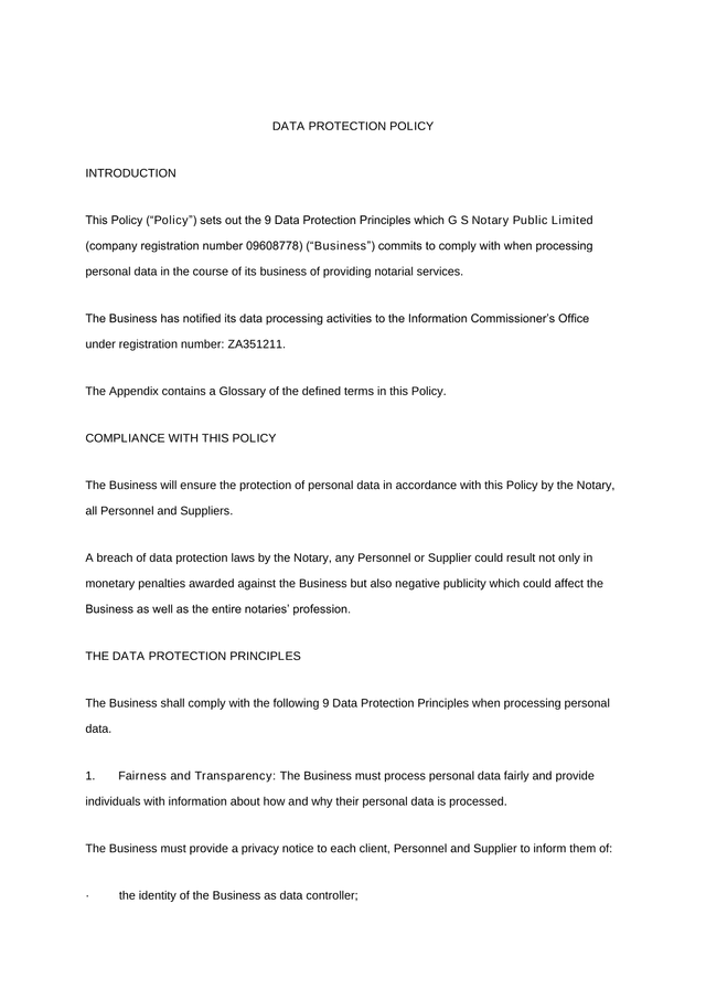 Data Protection Policy screenshot
