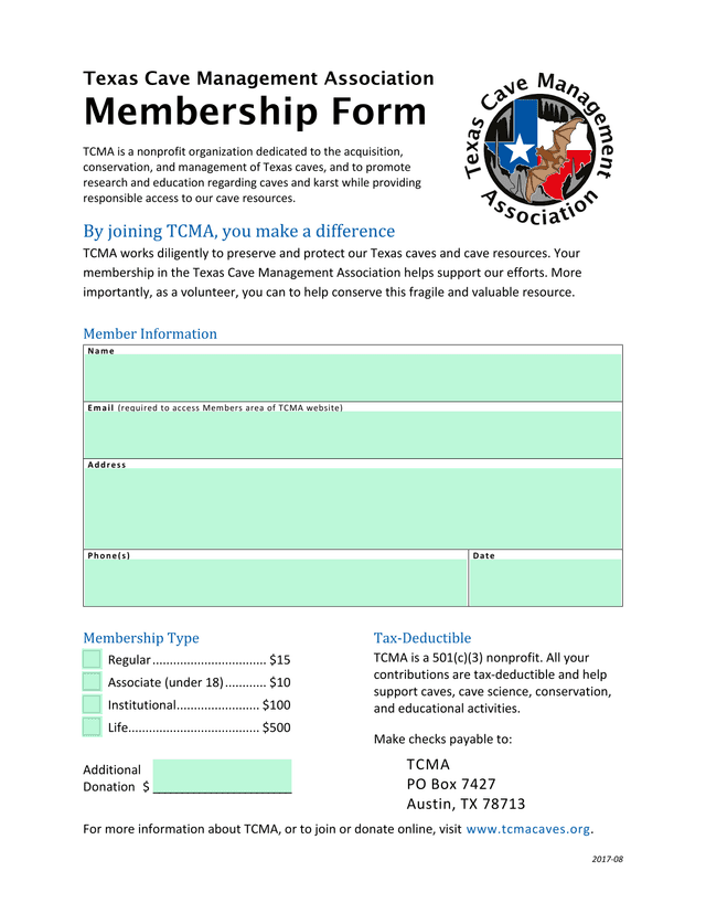 Texas Cave Management Association Membership Form screenshot