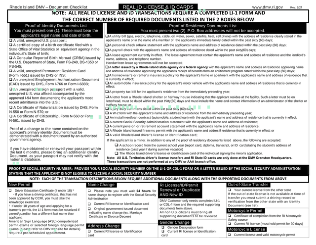 Rhode Island DMV  Document Checklist REAL ID LICENSE  ID CARDS screenshot