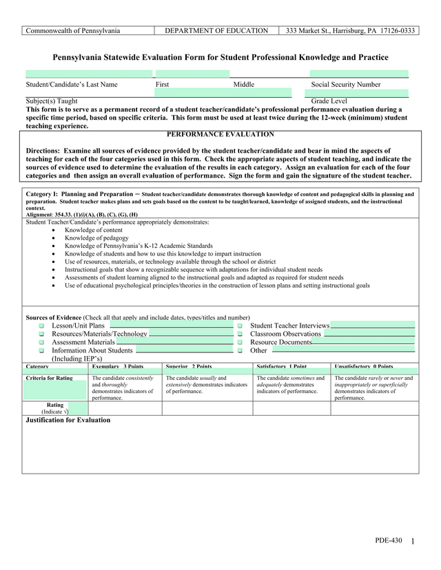 Pennsylvania Statewide Evaluation Form For Student Professional Knowledge And Practice screenshot