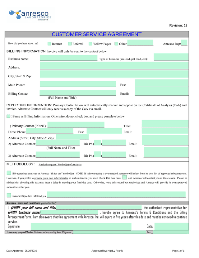 Customer Service Agreement screenshot