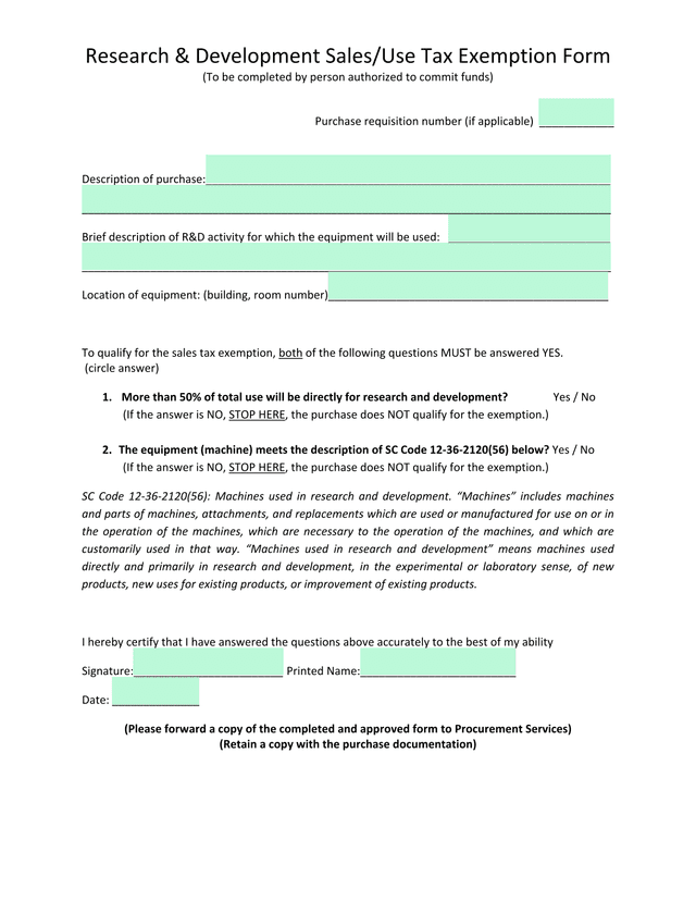Research  Development SalesUse Tax Exemption Form screenshot