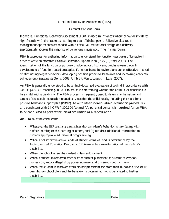 Functional Behavior Assessment (FBA) Parental Consent Form screenshot