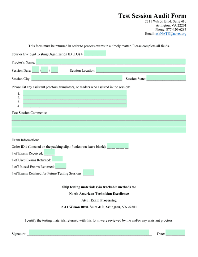 Test Session Audit Form screenshot