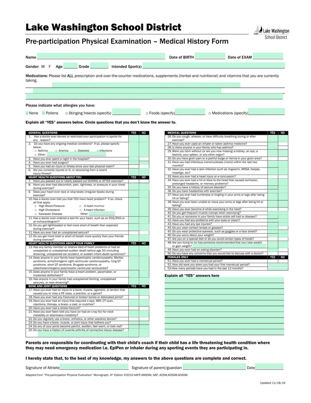 Pre Participation Physical Examination  Medical History Form screenshot