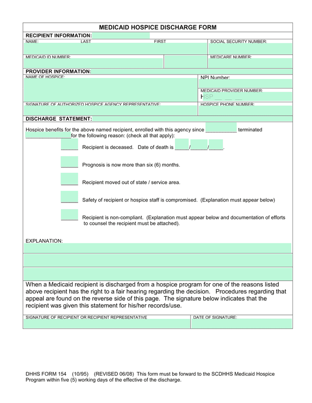 MEDICAID HOSPICE DISCHARGE FORM screenshot