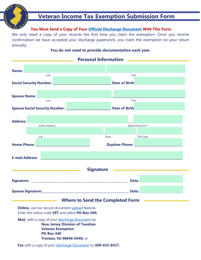 Veteran Income Tax Exemption Submission Form screenshot