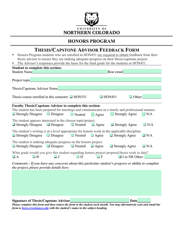 Honors Program ThesisCapstone Advisor Feedback Form screenshot
