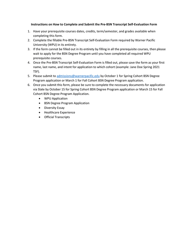 Pre BSN Transcript Self Evaluation Form screenshot