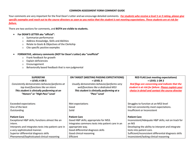 Common Assessment Form Comment Guide screenshot