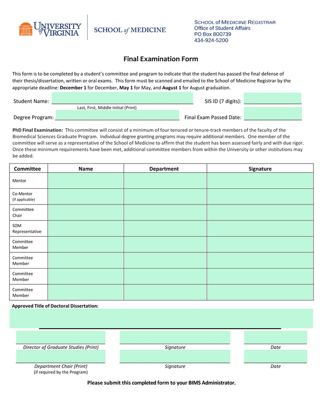 Final Examination Form screenshot