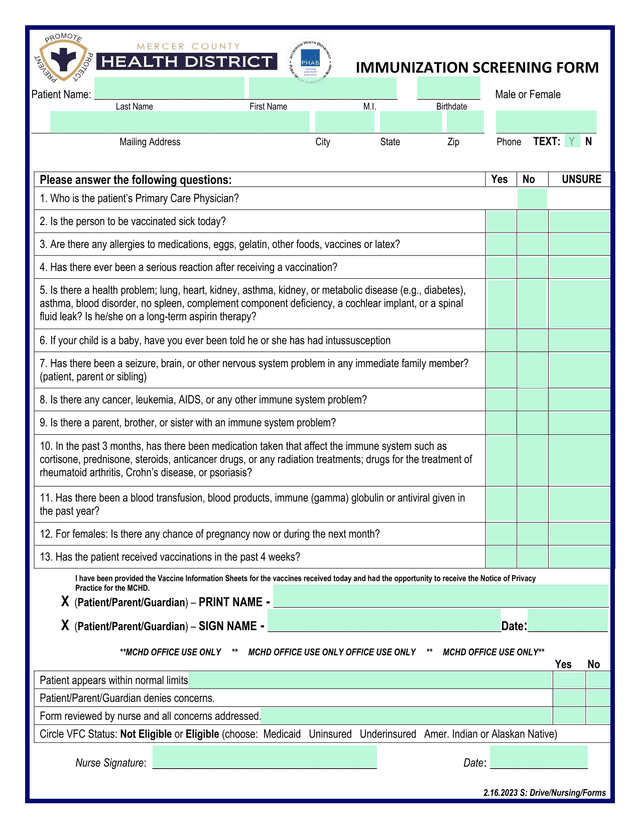 IMMUNIZATION SCREENING FORM screenshot
