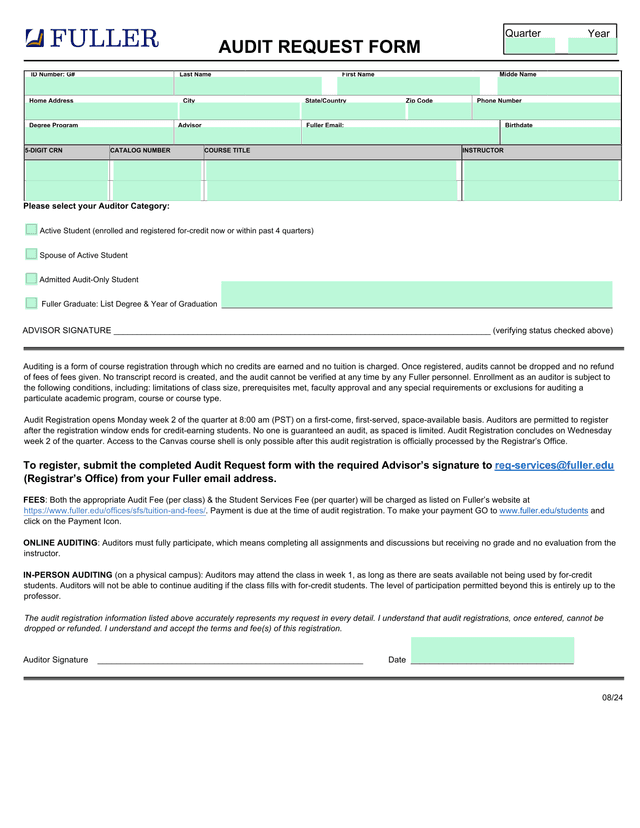 Fuller Theological Seminary Audit Registration Form screenshot