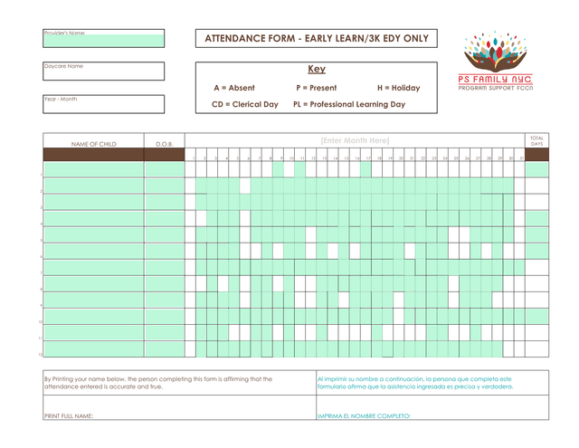 ATTENDANCE FORM   EARLY LEARN3K EDY ONLY screenshot