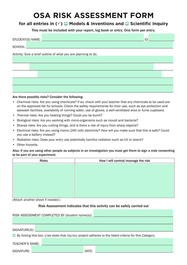 OSA Risk Assessment Form screenshot