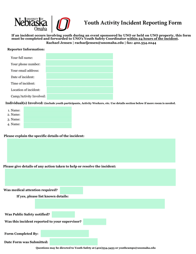 Youth Activity Incident Reporting Form screenshot