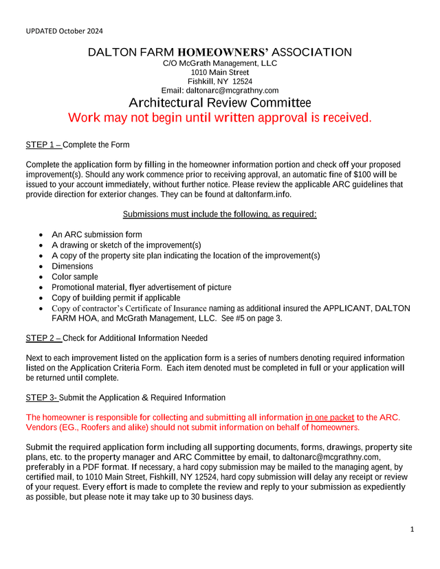 Dalton Farm Homeowners Association Architectural Review Committee Application screenshot