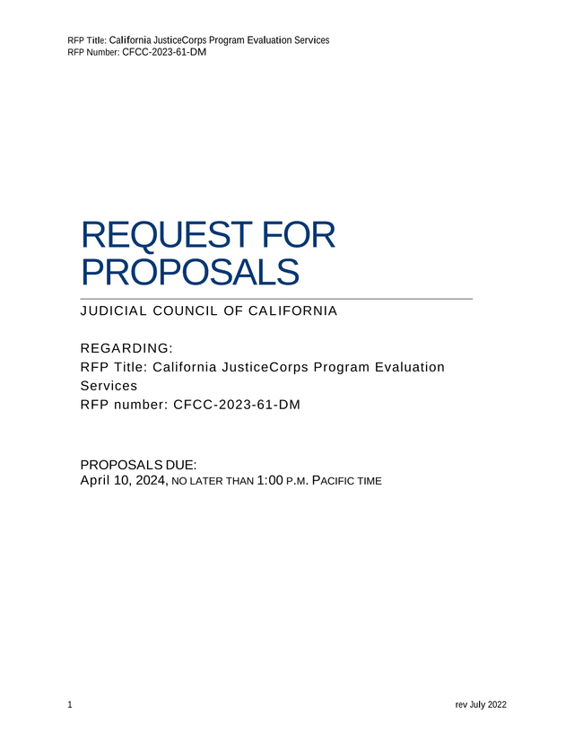 California JusticeCorps Program Evaluation Services RFP screenshot