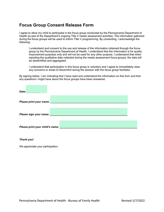 Focus Group Consent Release Form screenshot