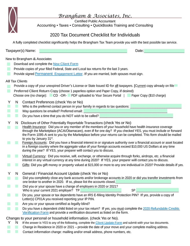 2020 Tax Document Checklist For Individuals screenshot