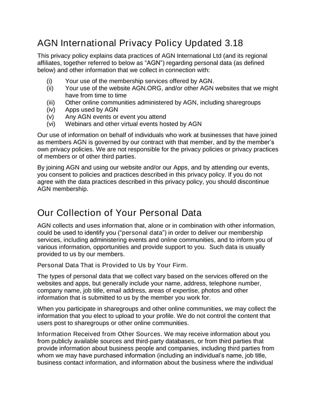 AGN International Privacy Policy screenshot