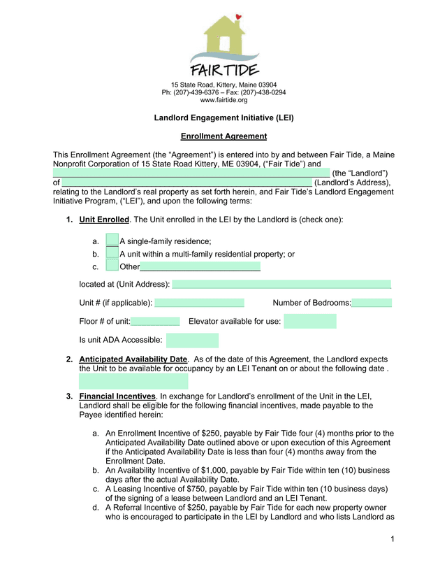 Landlord Engagement Initiative (LEI) Enrollment Agreement screenshot