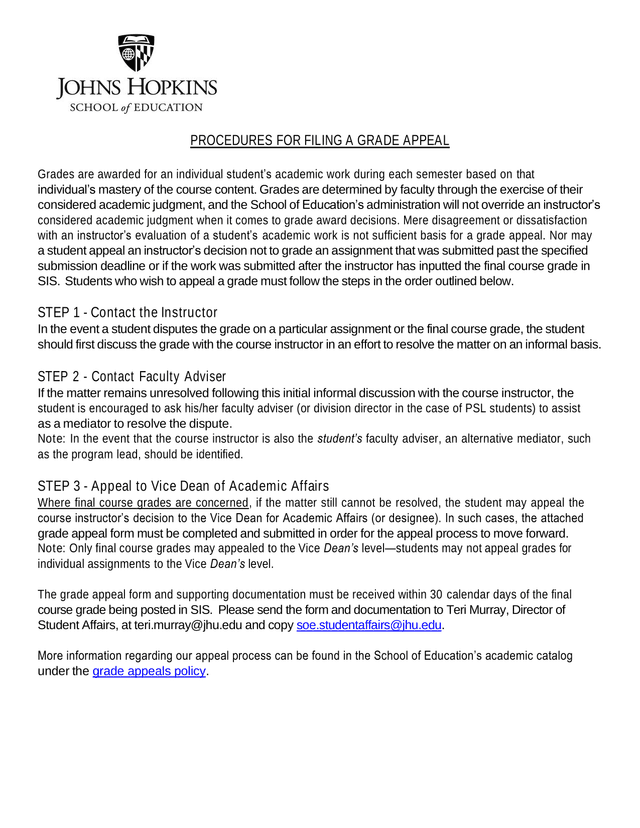 Procedures For Filing A Grade Appeal screenshot