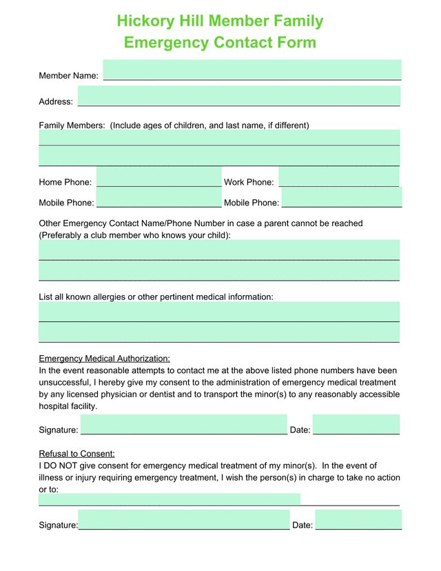 Hickory Hill Member Family Emergency Contact Form screenshot