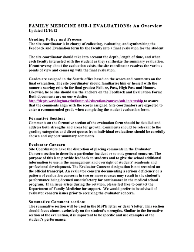 FAMILY MEDICINE SUB I EVALUATIONS An Overview screenshot