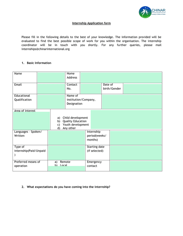 Internship Application Form screenshot