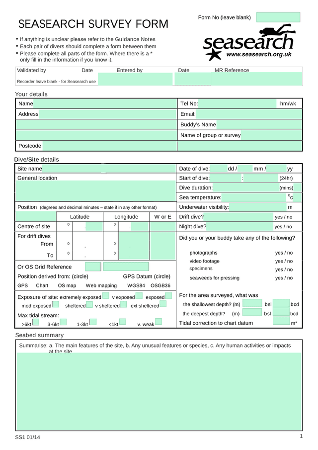 SEASEARCH SURVEY FORM screenshot