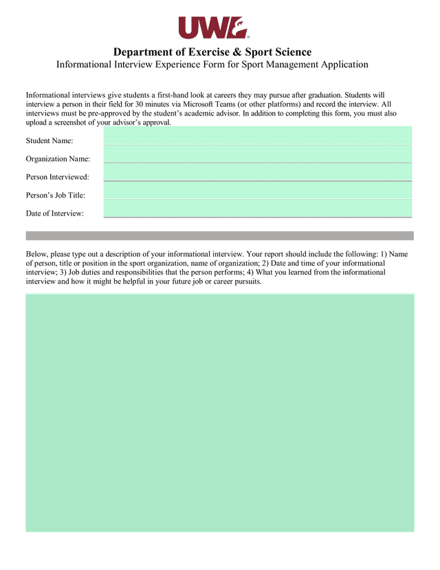 Informational Interview Experience Form For Sport Management Application screenshot
