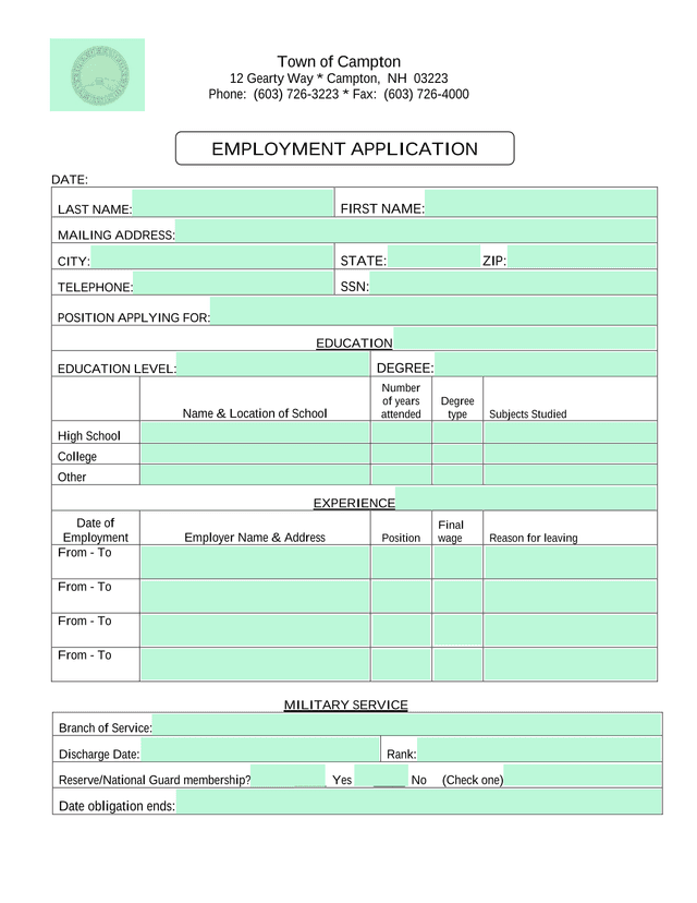 Employment Application screenshot