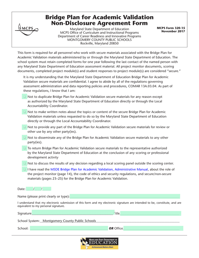 MCPS Form 320 15 Bridge Plan For Academic Validation Non Disclosure Agreement Form screenshot