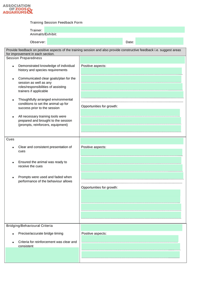 Training Session Feedback Form screenshot