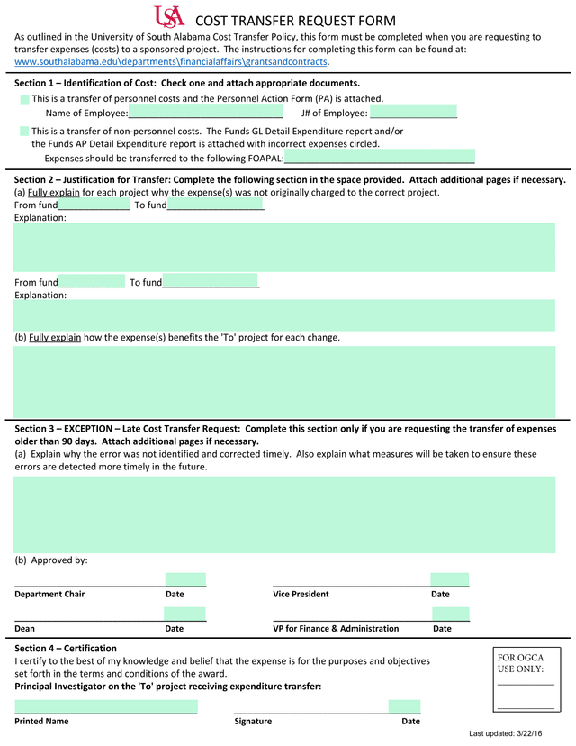 Cost Transfer Request Form screenshot