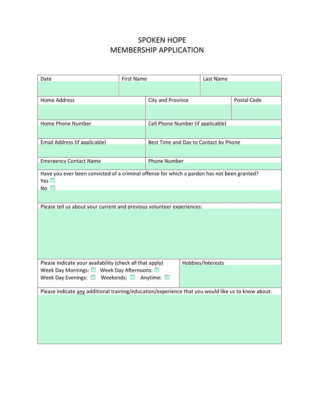 Spoken Hope Membership Application   Volunteer Application Form screenshot