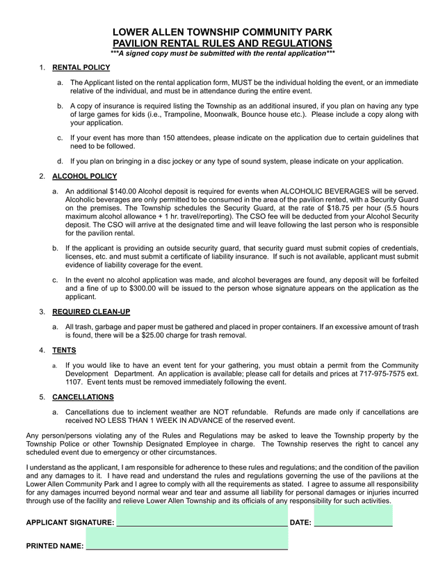 Lower Allen Township Community Park Pavilion Rental Rules And Regulations screenshot